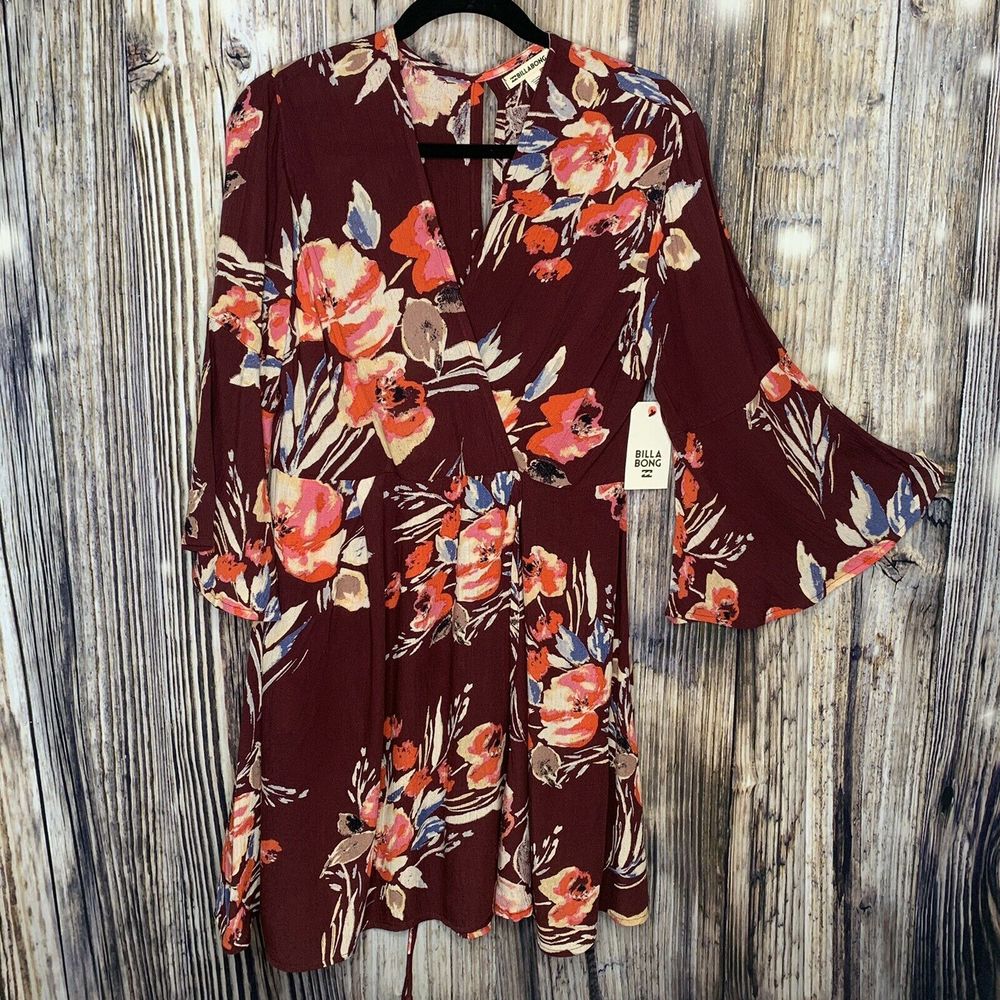 Billabong Divine Wrap Dress Flare Sleeves Floral M